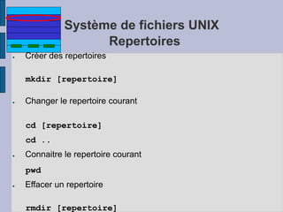 Système de fichiers UNIX
Repertoires
● Créer des repertoires
mkdir [repertoire]
● Changer le repertoire courant
cd [repertoire]
cd ..
● Connaitre le repertoire courant
pwd
● Effacer un repertoire
rmdir [repertoire]
 