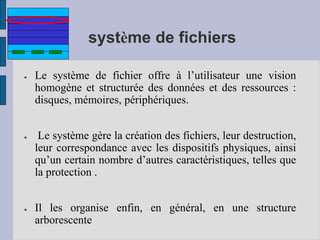 système de fichiers
● Le système de fichier offre à l’utilisateur une vision
homogène et structurée des données et des ressources :
disques, mémoires, périphériques.
● Le système gère la création des fichiers, leur destruction,
leur correspondance avec les dispositifs physiques, ainsi
qu’un certain nombre d’autres caractéristiques, telles que
la protection .
● Il les organise enfin, en général, en une structure
arborescente
 