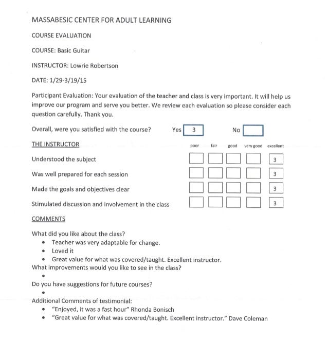 summary of student course evaluations mcal basic guitar spr course evaluation