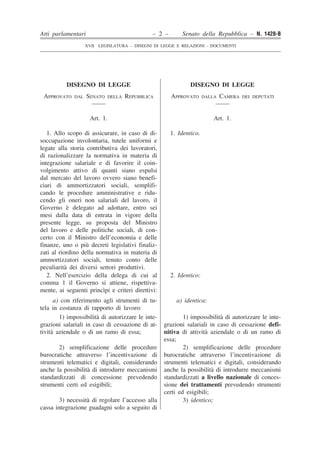 Atti parlamentari – 2 – Senato della Repubblica – N. 1428-B 
XVII LEGISLATURA – DISEGNI DI LEGGE E RELAZIONI - DOCUMENTI 
DISEGNO DI LEGGE DISEGNO DI LEGGE APPROVATO DAL SENATO DELLA REPUBBLICA APPROVATO DALLA CAMERA DEI DEPUTATI Art. 1. Art. 1. 1. Allo scopo di assicurare, in caso di di- soccupazione involontaria, tutele uniformi e legate alla storia contributiva dei lavoratori, di razionalizzare la normativa in materia di integrazione salariale e di favorire il coin- volgimento attivo di quanti siano espulsi dal mercato del lavoro ovvero siano benefi- ciari di ammortizzatori sociali, semplifi- cando le procedure amministrative e ridu- cendo gli oneri non salariali del lavoro, il Governo è delegato ad adottare, entro sei mesi dalla data di entrata in vigore della presente legge, su proposta del Ministro del lavoro e delle politiche sociali, di con- certo con il Ministro dell’economia e delle finanze, uno o più decreti legislativi finaliz- zati al riordino della normativa in materia di ammortizzatori sociali, tenuto conto delle peculiarità dei diversi settori produttivi. 1. Identico. 2. Nell’esercizio della delega di cui al comma 1 il Governo si attiene, rispettiva- mente, ai seguenti princìpi e criteri direttivi: 2. Identico: a) con riferimento agli strumenti di tu- tela in costanza di rapporto di lavoro: a) identica: 1) impossibilità di autorizzare le inte- grazioni salariali in caso di cessazione di at- tività aziendale o di un ramo di essa; 1) impossibilità di autorizzare le inte- grazioni salariali in caso di cessazione defi- nitiva di attività aziendale o di un ramo di essa; 2) semplificazione delle procedure burocratiche attraverso l’incentivazione di strumenti telematici e digitali, considerando anche la possibilità di introdurre meccanismi standardizzati di concessione prevedendo strumenti certi ed esigibili; 2) semplificazione delle procedure burocratiche attraverso l’incentivazione di strumenti telematici e digitali, considerando anche la possibilità di introdurre meccanismi standardizzati a livello nazionale di conces- sione dei trattamenti prevedendo strumenti certi ed esigibili; 3) necessità di regolare l’accesso alla cassa integrazione guadagni solo a seguito di 3) identico; (Segue: Testo approvato dalla Camera dei  