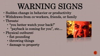 WARNING SIGNS
• Sudden change in behavior or productivity
• Withdraws from co-workers, friends, or family
• Threats:
• “you better watch your back!”
• “payback is coming for you”, etc…
• Physical outburst:
• fist pounding
• throwing things
• damage to property
 
