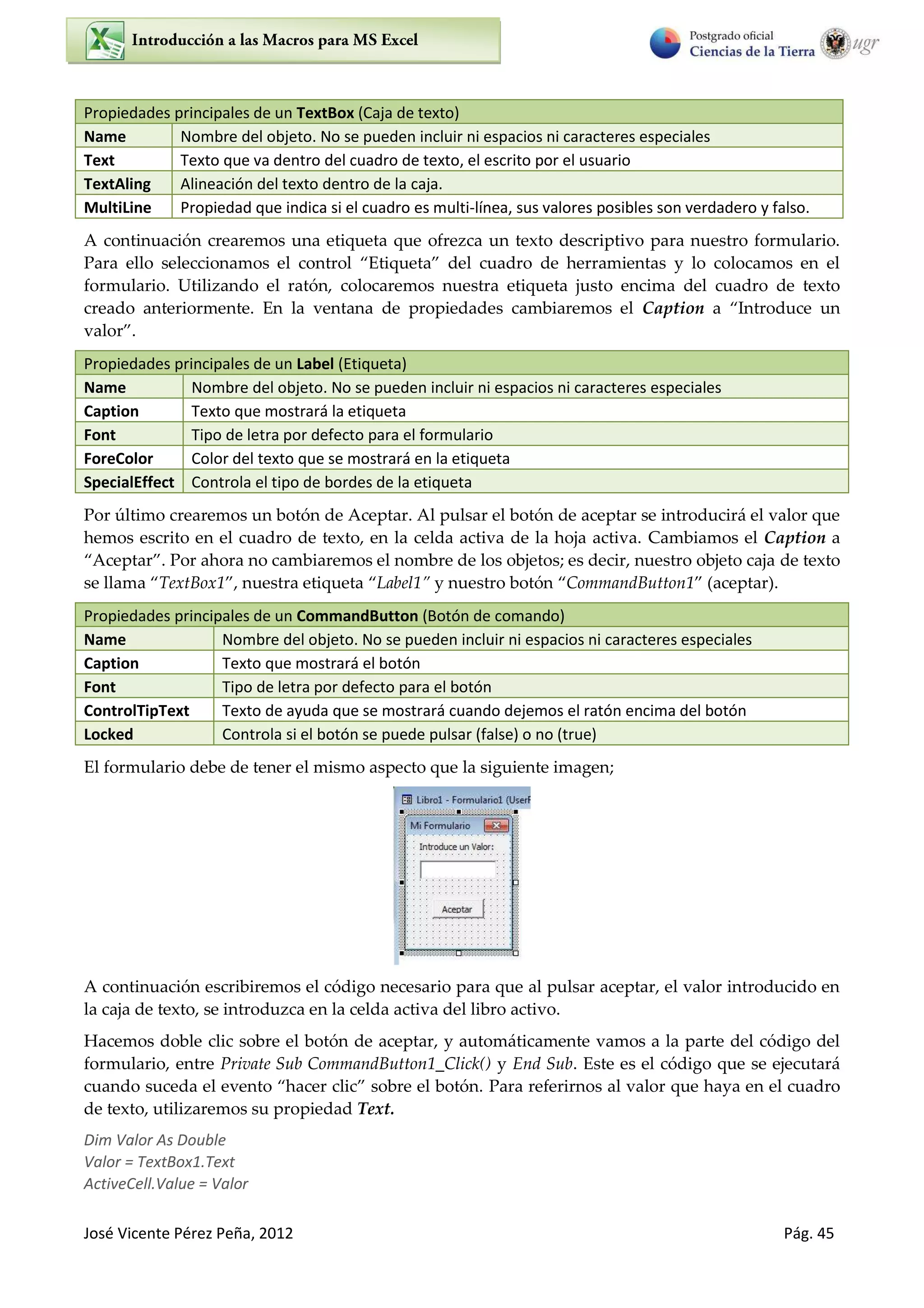 José Vicente Pérez Peña, 2012 Pág. 45
Propiedades principales de un TextBox (Caja de texto)
Name Nombre del objeto. No se pueden incluir ni espacios ni caracteres especiales
Text Texto que va dentro del cuadro de texto, el escrito por el usuario
TextAling Alineación del texto dentro de la caja.
MultiLine Propiedad que indica si el cuadro es multi-línea, sus valores posibles son verdadero y falso.
A continuación crearemos una etiqueta que ofrezca un texto descriptivo para nuestro formulario.
Para ello seleccionamos el control Etiqueta del cuadro de herramientas y lo colocamos en el
formulario. Utilizando el ratón, colocaremos nuestra etiqueta justo encima del cuadro de texto
creado anteriormente. En la ventana de propiedades cambiaremos el Caption a Introduce un
valor .
Propiedades principales de un Label (Etiqueta)
Name Nombre del objeto. No se pueden incluir ni espacios ni caracteres especiales
Caption Texto que mostrará la etiqueta
Font Tipo de letra por defecto para el formulario
ForeColor Color del texto que se mostrará en la etiqueta
SpecialEffect Controla el tipo de bordes de la etiqueta
Por último crearemos un botón de Aceptar. Al pulsar el botón de aceptar se introducirá el valor que
hemos escrito en el cuadro de texto, en la celda activa de la hoja activa. Cambiamos el Caption a
“ceptar . Por ahora no cambiaremos el nombre de los objetos; es decir, nuestro objeto caja de texto
se llama TextBox1 , nuestra etiqueta Label1 y nuestro botón CommandButton1 aceptar).
Propiedades principales de un CommandButton (Botón de comando)
Name Nombre del objeto. No se pueden incluir ni espacios ni caracteres especiales
Caption Texto que mostrará el botón
Font Tipo de letra por defecto para el botón
ControlTipText Texto de ayuda que se mostrará cuando dejemos el ratón encima del botón
Locked Controla si el botón se puede pulsar (false) o no (true)
El formulario debe de tener el mismo aspecto que la siguiente imagen;
A continuación escribiremos el código necesario para que al pulsar aceptar, el valor introducido en
la caja de texto, se introduzca en la celda activa del libro activo.
Hacemos doble clic sobre el botón de aceptar, y automáticamente vamos a la parte del código del
formulario, entre Private Sub CommandButton1_Click() y End Sub. Este es el código que se ejecutará
cuando suceda el evento hacer clic sobre el botón. Para referirnos al valor que haya en el cuadro
de texto, utilizaremos su propiedad Text.
Dim Valor As Double
Valor = TextBox1.Text
ActiveCell.Value = Valor
 