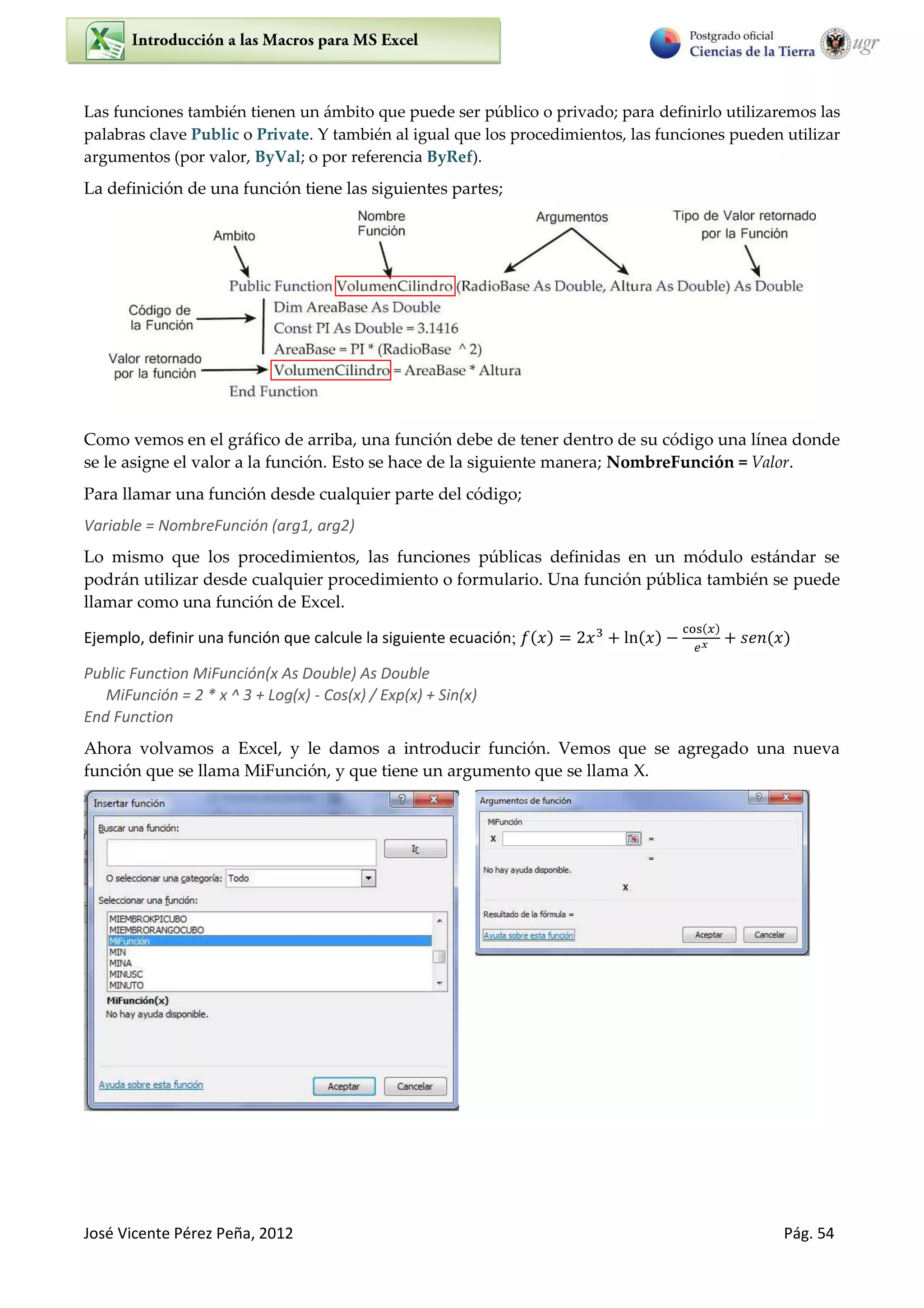 José Vicente Pérez Peña, 2012 Pág. 54
Las funciones también tienen un ámbito que puede ser público o privado; para definirlo utilizaremos las
palabras clave Public o Private. Y también al igual que los procedimientos, las funciones pueden utilizar
argumentos (por valor, ByVal; o por referencia ByRef).
La definición de una función tiene las siguientes partes;
Como vemos en el gráfico de arriba, una función debe de tener dentro de su código una línea donde
se le asigne el valor a la función. Esto se hace de la siguiente manera; NombreFunción = Valor.
Para llamar una función desde cualquier parte del código;
Variable = NombreFunción (arg1, arg2)
Lo mismo que los procedimientos, las funciones públicas definidas en un módulo estándar se
podrán utilizar desde cualquier procedimiento o formulario. Una función pública también se puede
llamar como una función de Excel.
Ejemplo, definir una función que calcule la siguiente ecuación;
Public Function MiFunción(x As Double) As Double
MiFunción = 2 * x ^ 3 + Log(x) - Cos(x) / Exp(x) + Sin(x)
End Function
Ahora volvamos a Excel, y le damos a introducir función. Vemos que se agregado una nueva
función que se llama MiFunción, y que tiene un argumento que se llama X.
 