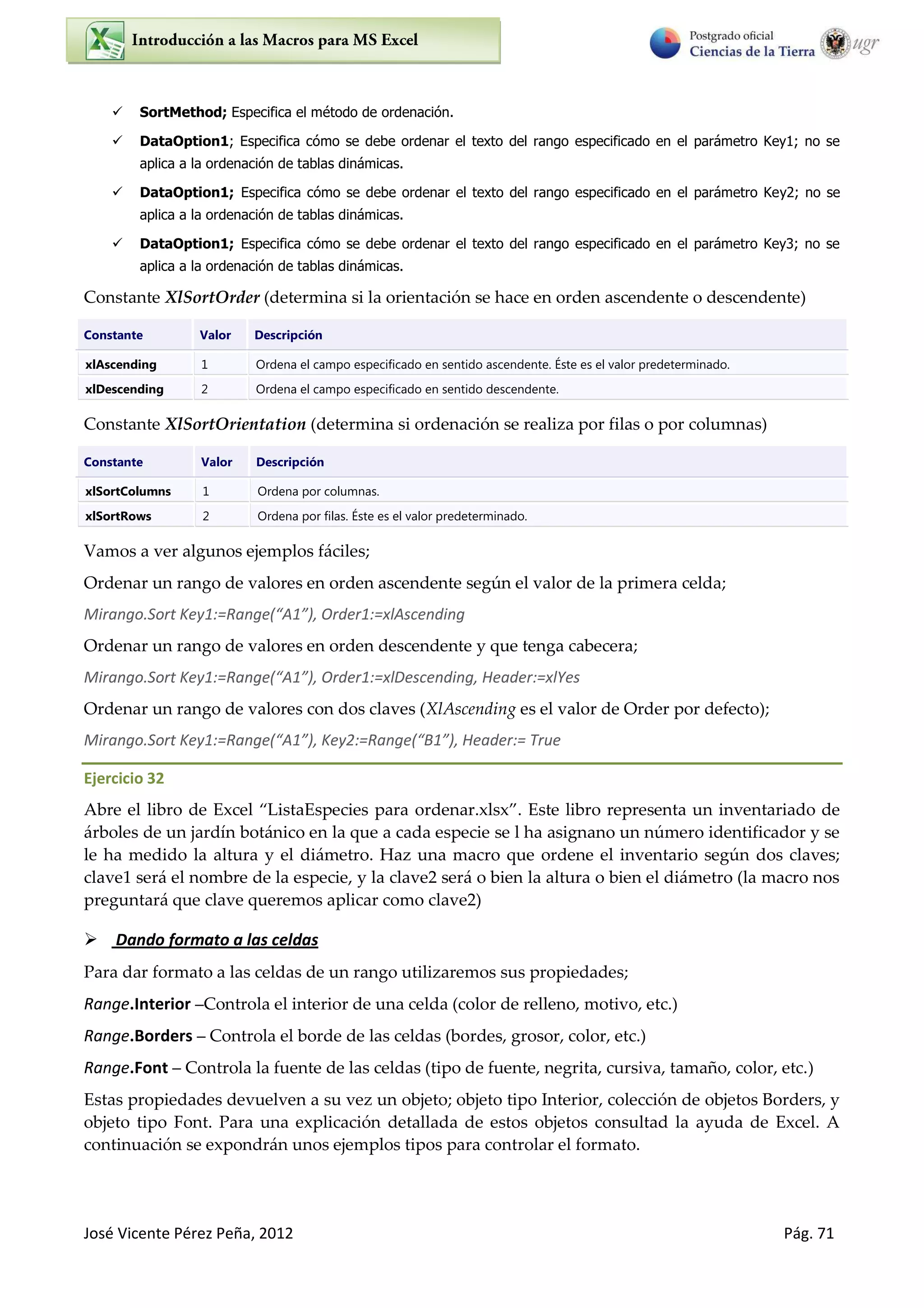 José Vicente Pérez Peña, 2012 Pág. 71
 SortMethod; Especifica el método de ordenación.
 DataOption1; Especifica cómo se debe ordenar el texto del rango especificado en el parámetro Key1; no se
aplica a la ordenación de tablas dinámicas.
 DataOption1; Especifica cómo se debe ordenar el texto del rango especificado en el parámetro Key2; no se
aplica a la ordenación de tablas dinámicas.
 DataOption1; Especifica cómo se debe ordenar el texto del rango especificado en el parámetro Key3; no se
aplica a la ordenación de tablas dinámicas.
Constante XlSortOrder (determina si la orientación se hace en orden ascendente o descendente)
Constante Valor Descripción
xlAscending 1 Ordena el campo especificado en sentido ascendente. Éste es el valor predeterminado.
xlDescending 2 Ordena el campo especificado en sentido descendente.
Constante XlSortOrientation (determina si ordenación se realiza por filas o por columnas)
Constante Valor Descripción
xlSortColumns 1 Ordena por columnas.
xlSortRows 2 Ordena por filas. Éste es el valor predeterminado.
Vamos a ver algunos ejemplos fáciles;
Ordenar un rango de valores en orden ascendente según el valor de la primera celda;
Mirango.Sort Key :=Ra ge A , O de := lAs e di g
Ordenar un rango de valores en orden descendente y que tenga cabecera;
Mirango.Sort Key1:=Ra ge A , Order1:=xlDescending, Header:=xlYes
Ordenar un rango de valores con dos claves (XlAscending es el valor de Order por defecto);
Mirango.Sort Key1:=Ra ge A , Ke :=Ra ge B , Header:= True
Ejercicio 32
“bre el libro de Excel ListaEspecies para ordenar.xlsx . Este libro representa un inventariado de
árboles de un jardín botánico en la que a cada especie se l ha asignano un número identificador y se
le ha medido la altura y el diámetro. Haz una macro que ordene el inventario según dos claves;
clave1 será el nombre de la especie, y la clave2 será o bien la altura o bien el diámetro (la macro nos
preguntará que clave queremos aplicar como clave2)
 Dando formato a las celdas
Para dar formato a las celdas de un rango utilizaremos sus propiedades;
Range.Interior Controla el interior de una celda (color de relleno, motivo, etc.)
Range.Borders Controla el borde de las celdas (bordes, grosor, color, etc.)
Range.Font Controla la fuente de las celdas (tipo de fuente, negrita, cursiva, tamaño, color, etc.)
Estas propiedades devuelven a su vez un objeto; objeto tipo Interior, colección de objetos Borders, y
objeto tipo Font. Para una explicación detallada de estos objetos consultad la ayuda de Excel. A
continuación se expondrán unos ejemplos tipos para controlar el formato.
 