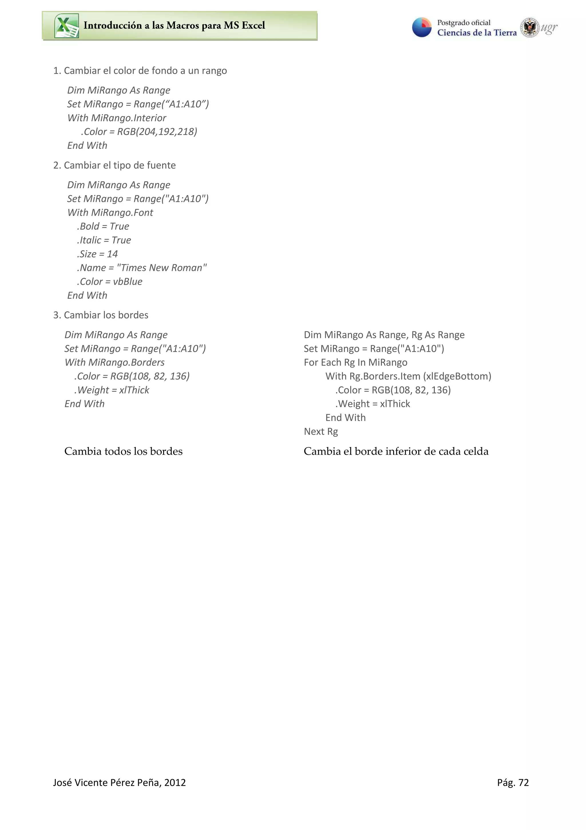 José Vicente Pérez Peña, 2012 Pág. 72
1. Cambiar el color de fondo a un rango
Dim MiRango As Range
“et MiRa go = Ra ge A :A
With MiRango.Interior
.Color = RGB(204,192,218)
End With
2. Cambiar el tipo de fuente
Dim MiRango As Range
Set MiRango = Range("A1:A10")
With MiRango.Font
.Bold = True
.Italic = True
.Size = 14
.Name = "Times New Roman"
.Color = vbBlue
End With
3. Cambiar los bordes
Dim MiRango As Range
Set MiRango = Range("A1:A10")
With MiRango.Borders
.Color = RGB(108, 82, 136)
.Weight = xlThick
End With
Cambia todos los bordes
Dim MiRango As Range, Rg As Range
Set MiRango = Range("A1:A10")
For Each Rg In MiRango
With Rg.Borders.Item (xlEdgeBottom)
.Color = RGB(108, 82, 136)
.Weight = xlThick
End With
Next Rg
Cambia el borde inferior de cada celda
 