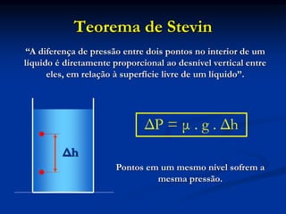 Teorema de Stevin
Δh
“A diferença de pressão entre dois pontos no interior de um
líquido é diretamente proporcional ao desnível vertical entre
eles, em relação à superfície livre de um líquido”.
ΔP = μ . g . Δh
Pontos em um mesmo nível sofrem a
mesma pressão.
 
