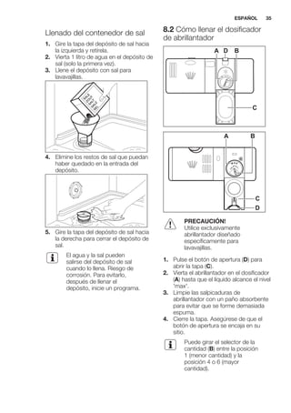 Llenado del contenedor de sal
1. Gire la tapa del depósito de sal hacia
la izquierda y retírela.
2. Vierta 1 litro de agua en el depósito de
sal (solo la primera vez).
3. Llene el depósito con sal para
lavavajillas.
4. Elimine los restos de sal que puedan
haber quedado en la entrada del
depósito.
5. Gire la tapa del depósito de sal hacia
la derecha para cerrar el depósito de
sal.
El agua y la sal pueden
salirse del depósito de sal
cuando lo llena. Riesgo de
corrosión. Para evitarlo,
después de llenar el
depósito, inicie un programa.
8.2 Cómo llenar el dosificador
de abrillantador
A BD
C
MAX
1
23
4
+ -
A B
D
C
PRECAUCIÓN!
Utilice exclusivamente
abrillantador diseñado
específicamente para
lavavajillas.
1. Pulse el botón de apertura (D) para
abrir la tapa (C).
2. Vierta el abrillantador en el dosificador
(A) hasta que el líquido alcance el nivel
'max'.
3. Limpie las salpicaduras de
abrillantador con un paño absorbente
para evitar que se forme demasiada
espuma.
4. Cierre la tapa. Asegúrese de que el
botón de apertura se encaja en su
sitio.
Puede girar el selector de la
cantidad (B) entre la posición
1 (menor cantidad) y la
posición 4 o 6 (mayor
cantidad).
ESPAÑOL 35
 