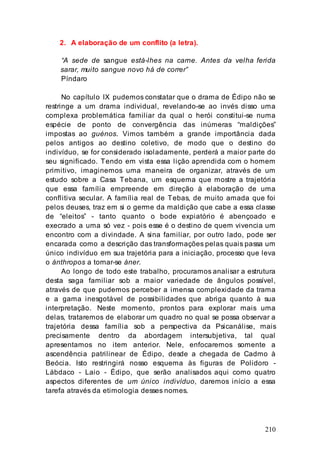 210
2. A elaboração de um conflito (a letra).
“A sede de sangue está-lhes na carne. Antes da velha ferida
sarar, muito sangue novo há de correr”
Píndaro
No capítulo IX pudemos constatar que o drama de Édipo não se
restringe a um drama individual, revelando-se ao invés disso uma
complexa problemática familiar da qual o herói constitui-se numa
espécie de ponto de convergência das inúmeras “maldições”
impostas ao guénos. Vimos também a grande importância dada
pelos antigos ao destino coletivo, de modo que o destino do
indivíduo, se for considerado isoladamente, perderá a maior parte do
seu significado. Tendo em vista essa lição aprendida com o homem
primitivo, imaginemos uma maneira de organizar, através de um
estudo sobre a Casa Tebana, um esquema que mostre a trajetória
que essa família empreende em direção à elaboração de uma
conflitiva secular. A família real de Tebas, de muito amada que foi
pelos deuses, traz em si o germe da maldição que cabe a essa classe
de “eleitos” - tanto quanto o bode expiatório é abençoado e
execrado a uma só vez - pois esse é o destino de quem vivencia um
encontro com a divindade. A sina familiar, por outro lado, pode ser
encarada como a descrição das transformações pelas quais passa um
único indivíduo em sua trajetória para a iniciação, processo que leva
o ánthropos a tornar-se áner.
Ao longo de todo este trabalho, procuramos analisar a estrutura
desta saga familiar sob a maior variedade de ângulos possível,
através de que pudemos perceber a imensa complexidade da trama
e a gama inesgotável de possibilidades que abriga quanto à sua
interpretação. Neste momento, prontos para explorar mais uma
delas, trataremos de elaborar um quadro no qual se possa observar a
trajetória dessa família sob a perspectiva da Psicanálise, mais
precisamente dentro da abordagem intersubjetiva, tal qual
apresentamos no item anterior. Nele, enfocaremos somente a
ascendência patrilinear de Édipo, desde a chegada de Cadmo à
Beócia. Isto restringirá nosso esquema às figuras de Polidoro -
Lábdaco - Laio - Édipo, que serão analisados aqui como quatro
aspectos diferentes de um único indivíduo, daremos início a essa
tarefa através da etimologia desses nomes.
 
