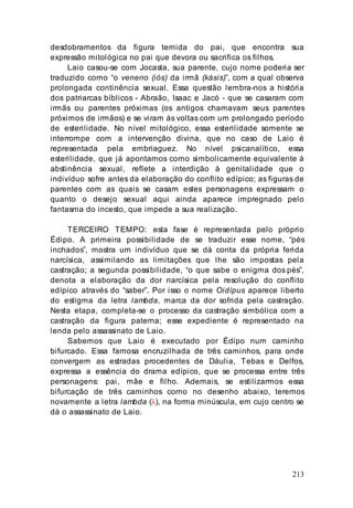 213
desdobramentos da figura temida do pai, que encontra sua
expressão mitológica no pai que devora ou sacrifica os filhos.
Laio casou-se com Jocasta, sua parente, cujo nome poderia ser
traduzido como “o veneno (iós) da irmã (kásis)”, com a qual observa
prolongada continência sexual. Essa questão lembra-nos a história
dos patriarcas bíblicos - Abraão, Isaac e Jacó - que se casaram com
irmãs ou parentes próximas (os antigos chamavam seus parentes
próximos de irmãos) e se viram às voltas com um prolongado período
de esterilidade. No nível mitológico, essa esterilidade somente se
interrompe com a intervenção divina, que no caso de Laio é
representada pela embriaguez. No nível psicanalítico, essa
esterilidade, que já apontamos como simbolicamente equivalente à
abstinência sexual, reflete a interdição à genitalidade que o
indivíduo sofre antes da elaboração do conflito edípico; as figuras de
parentes com as quais se casam estes personagens expressam o
quanto o desejo sexual aqui ainda aparece impregnado pelo
fantasma do incesto, que impede a sua realização.
TERCEIRO TEMPO: esta fase é representada pelo próprio
Édipo. A primeira possibilidade de se traduzir esse nome, “pés
inchados”, mostra um indivíduo que se dá conta da própria ferida
narcísica, assimilando as limitações que lhe são impostas pela
castração; a segunda possibilidade, “o que sabe o enigma dos pés”,
denota a elaboração da dor narcísica pela resolução do conflito
edípico através do “saber”. Por isso o nome Oidípus aparece liberto
do estigma da letra lambda, marca da dor sofrida pela castração.
Nesta etapa, completa-se o processo da castração simbólica com a
castração da figura paterna; esse expediente é representado na
lenda pelo assassinato de Laio.
Sabemos que Laio é executado por Édipo num caminho
bifurcado. Essa famosa encruzilhada de três caminhos, para onde
convergem as estradas procedentes de Dáulia, Tebas e Delfos,
expressa a essência do drama edípico, que se processa entre três
personagens: pai, mãe e filho. Ademais, se estilizarmos essa
bifurcação de três caminhos como no desenho abaixo, teremos
novamente a letra lambda (λ), na forma minúscula, em cujo centro se
dá o assassinato de Laio.
 