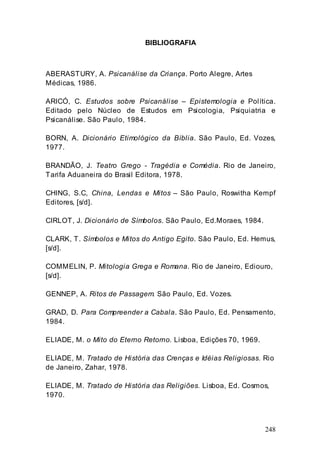 248
BIBLIOGRAFIA
ABERASTURY, A. Psicanálise da Criança. Porto Alegre, Artes
Médicas, 1986.
ARICÓ, C. Estudos sobre Psicanálise – Epistemologia e Política.
Editado pelo Núcleo de Estudos em Psicologia, Psiquiatria e
Psicanálise. São Paulo, 1984.
BORN, A. Dicionário Etimológico da Bíblia. São Paulo, Ed. Vozes,
1977.
BRANDÃO, J. Teatro Grego - Tragédia e Comédia. Rio de Janeiro,
Tarifa Aduaneira do Brasil Editora, 1978.
CHING, S.C, China, Lendas e Mitos – São Paulo, Roswitha Kempf
Editores, [s/d].
CIRLOT, J. Dicionário de Símbolos. São Paulo, Ed.Moraes, 1984.
CLARK, T. Símbolos e Mitos do Antigo Egito. São Paulo, Ed. Hemus,
[s/d].
COMMELIN, P. Mitologia Grega e Romana. Rio de Janeiro, Ediouro,
[s/d].
GENNEP, A. Ritos de Passagem. São Paulo, Ed. Vozes.
GRAD, D. Para Compreender a Cabala. São Paulo, Ed. Pensamento,
1984.
ELIADE, M. o Mito do Eterno Retorno. Lisboa, Edições 70, 1969.
ELIADE, M. Tratado de História das Crenças e Idéias Religiosas. Rio
de Janeiro, Zahar, 1978.
ELIADE, M. Tratado de História das Religiões. Lisboa, Ed. Cosmos,
1970.
 