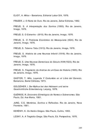 249
ELIOT, A. Mitos – Barcelona, Editorial Labor S/A, 1976.
FRAZER, J. O Ramo de Ouro. Rio de Janeiro, Zahar Editores, 1982.
FREUD, S. A Interpretação dos Sonhos (1900). Rio de Janeiro,
Imago, 1976.
FREUD, S. O Estranho - (l919). Rio de Janeiro, Imago, 1976.
FREUD, S. O Problema Econômico do Masoquismo (l924). Rio de
Janeiro, Imago, 1976.
FREUD, S. Totem e Tabu (1913). Rio de Janeiro, Imago, 1976.
FREUD, S. História de uma Neurose Infantil (1918). Rio de Janeiro,
Imago, 1976.
FREUD, S. Uma Neurose Demoníaca do Século XVIII (1923). Rio de
Janeiro, Imago, 1976.
FREUD, S. Fragmento da Análise de um Caso de Histeria (1905). Rio
de Janeiro, Imago, 1976.
GASTER, T. Mito, Leyenda Y Costumbre en el Libro del Genesis.
Barcelona, Barral Editores, 1973.
GOLDZIHER, I. Der Mythus bei den Hebraern und seine
Geschichtliche Entwickelung. Leipzig, 1876.
GUÉRIOS, R. Dicionário Etimológico de Nomes e Sobrenomes. São
Paulo, Ed. Ave Maria, 1981.
JUNG, C.G. Memórias, Sonhos e Reflexões. Rio de Janeiro, Nova
Fronteira, 1961.
KERÉNYI, K. Os Heróis Gregos. São Paulo, Cultrix, 1993.
LESKY, A. A Tragédia Grega. São Paulo, Ed. Perspectiva, 1976.
 