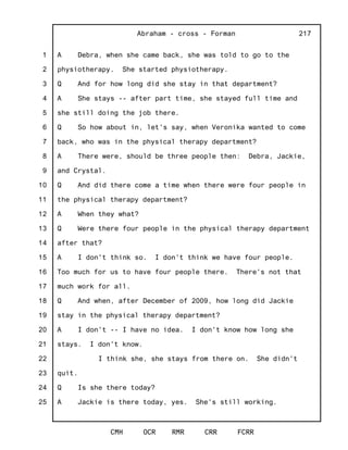1
2
3
4
5
6
7
8
9
10
11
12
13
14
15
16
17
18
19
20
21
22
23
24
25
Abraham - cross - Forman
CMH OCR RMR CRR FCRR
217
A Debra, when she came back, she was told to go to the
physiotherapy. She started physiotherapy.
Q And for how long did she stay in that department?
A She stays -- after part time, she stayed full time and
she still doing the job there.
Q So how about in, let's say, when Veronika wanted to come
back, who was in the physical therapy department?
A There were, should be three people then: Debra, Jackie,
and Crystal.
Q And did there come a time when there were four people in
the physical therapy department?
A When they what?
Q Were there four people in the physical therapy department
after that?
A I don't think so. I don't think we have four people.
Too much for us to have four people there. There's not that
much work for all.
Q And when, after December of 2009, how long did Jackie
stay in the physical therapy department?
A I don't -- I have no idea. I don't know how long she
stays. I don't know.
I think she, she stays from there on. She didn't
quit.
Q Is she there today?
A Jackie is there today, yes. She's still working.
 