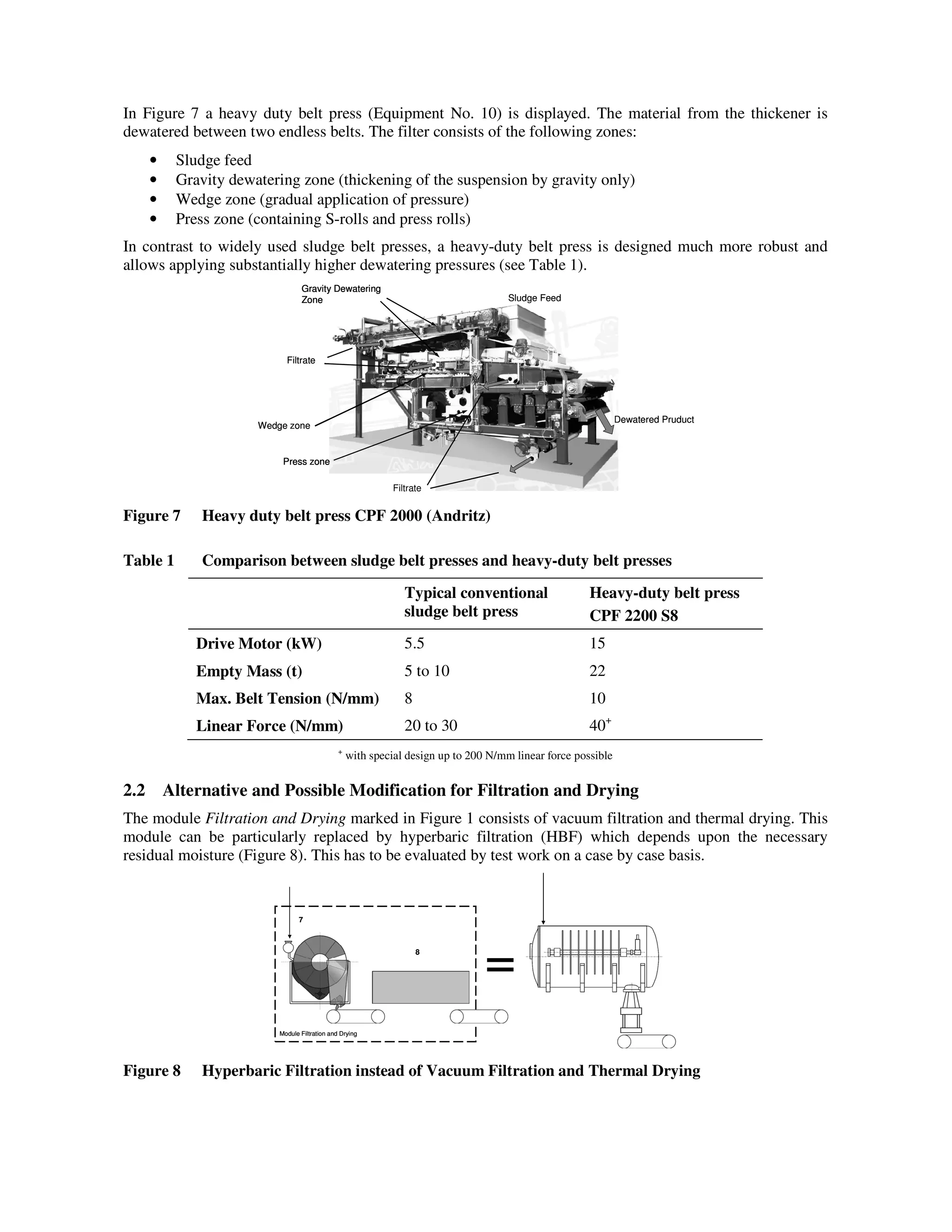 In Figure 7 a heavy duty belt press (Equipment No. 10) is displayed. The material from the thickener is
dewatered between two endless belts. The filter consists of the following zones:
• Sludge feed
• Gravity dewatering zone (thickening of the suspension by gravity only)
• Wedge zone (gradual application of pressure)
• Press zone (containing S-rolls and press rolls)
In contrast to widely used sludge belt presses, a heavy-duty belt press is designed much more robust and
allows applying substantially higher dewatering pressures (see Table 1).
Gravity Dewatering
Zone
Press zone
Sludge Feed
Gravity Dewatering
Zone
Wedge zone
Press zone
Filtrate
Dewatered Pruduct
Filtrate
Gravity Dewatering
Zone
Press zone
Sludge Feed
Gravity Dewatering
Zone
Wedge zone
Press zone
Filtrate
Dewatered Pruduct
Filtrate
Figure 7 Heavy duty belt press CPF 2000 (Andritz)
Table 1 Comparison between sludge belt presses and heavy-duty belt presses
Typical conventional
sludge belt press
Heavy-duty belt press
CPF 2200 S8
Drive Motor (kW) 5.5 15
Empty Mass (t) 5 to 10 22
Max. Belt Tension (N/mm) 8 10
Linear Force (N/mm) 20 to 30 40+
+
with special design up to 200 N/mm linear force possible
2.2 Alternative and Possible Modification for Filtration and Drying
The module Filtration and Drying marked in Figure 1 consists of vacuum filtration and thermal drying. This
module can be particularly replaced by hyperbaric filtration (HBF) which depends upon the necessary
residual moisture (Figure 8). This has to be evaluated by test work on a case by case basis.
Module Filtration and Drying
7
8
=
Module Filtration and Drying
7
8
=
Figure 8 Hyperbaric Filtration instead of Vacuum Filtration and Thermal Drying
 