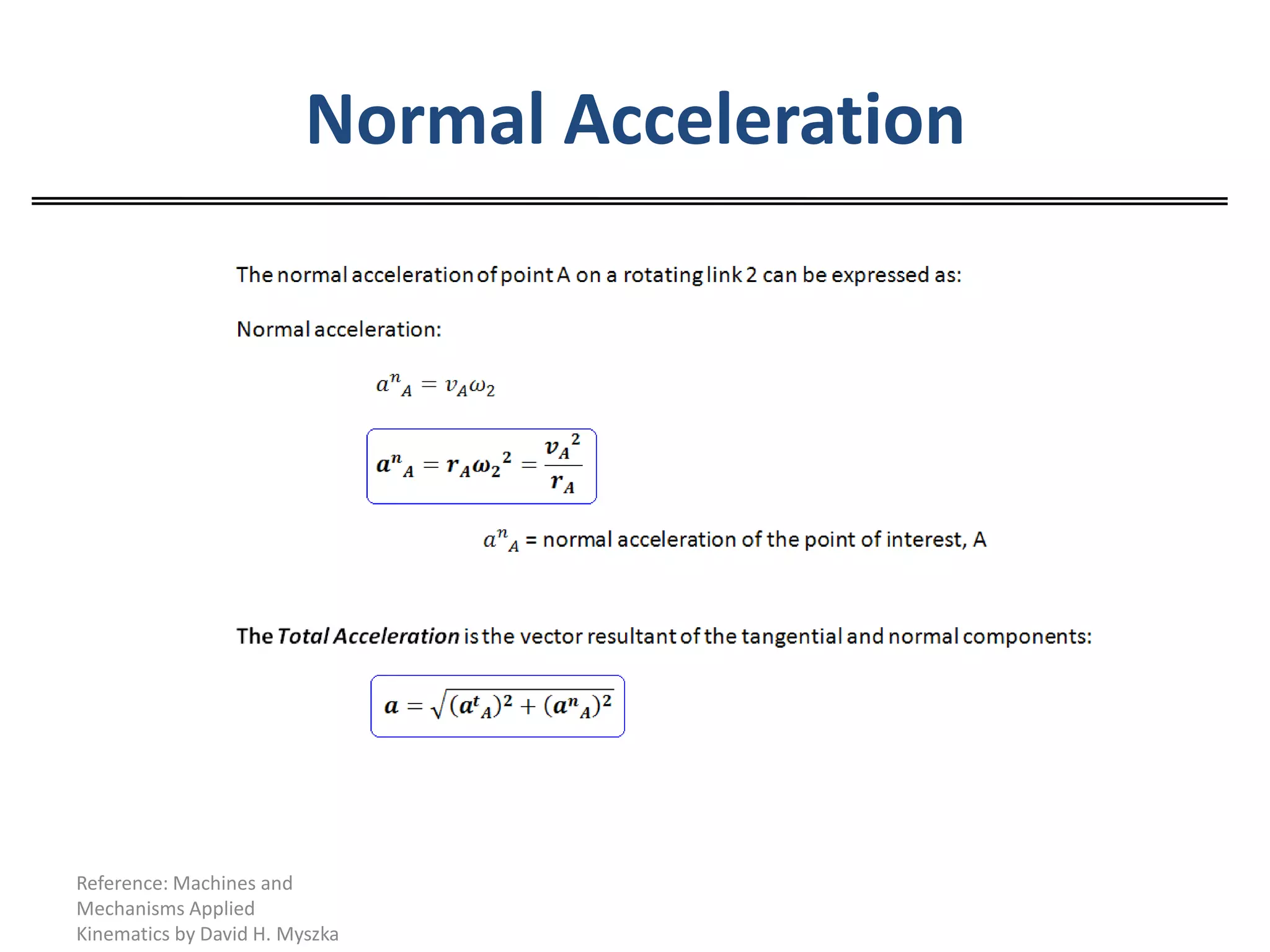 Normal AccelerationReference: Machines and Mechanisms Applied Kinematics by David H. Myszka