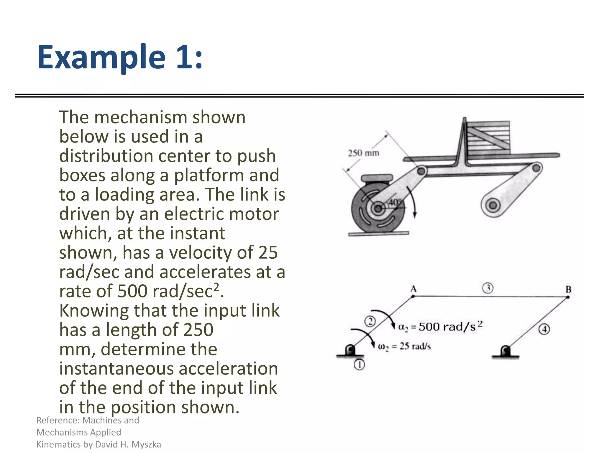 Example 1:The mechanism shown below is used in a distribution center to push boxes along a platform and to a loading area. The link is driven by an electric motor which, at the instant shown, has a velocity of 25 rad/sec and accelerates at a rate of 500 rad/sec2. Knowing that the input link has a length of 250 mm, determine the instantaneous acceleration of the end of the input link in the position shown.Reference: Machines and Mechanisms Applied Kinematics by David H. Myszka