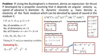 Problem 7: Using the Buckingham’s- theorem, derive an expression for thrust
P developed by a propeller assuming that it depends on angular velocity ω,
speed of advance V, diameter D, dynamic viscosity µ, mass density ρ,
elasticity of the fluid medium which can be denoted by speed of sound in the
medium C.
No. of variables, n = 7
No. of dimensions, m = 3
No. of  terms = n – m = 7 – 3 = 4
Evaluating 1:
Comparing powers of T Comparing powers of M
Comparing powers of L
 