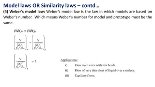 Model laws OR Similarity laws – contd…
(4) Weber’s model law: Weber’s model law is the law in which models are based on
Weber's number. Which means Weber’s number for model and prototype must be the
same.
 