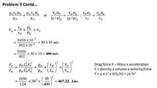 Problem 9 Contd…
Drag force F = Mass x acceleration
F = density x volume x velocity/time
F =  x L3 x V/(L/V) = L2V2
 