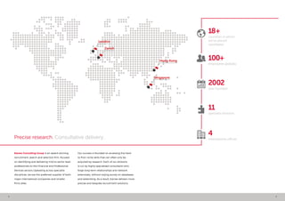 2 3
Eames Consulting Group is an award-winning
recruitment, search and selection firm, focused
on identifying and delivering mid-to-senior level
professionals to the Financial and Professional
Services sectors. Operating across specialist
disciplines, we are the preferred supplier of both
major international companies and smaller
firms alike.
Our success is founded on accessing the hard-
to-find, niche skills that can often only be
acquired by research. Each of our divisions
is run by highly specialised consultants who
forge long-term relationships and network
extensively, without relying purely on databases
and advertising. As a result, Eames delivers more
precise and bespoke recruitment solutions.
Precise research. Consultative delivery.
18+
countries in which
we’ve placed
candidates
100+
employees globally
2002
year founded
11
specialist divisions
4
international offices
London
Zurich
Hong Kong
Singapore
 