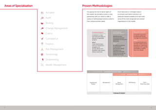 4 5
Proven Methodologies
4 5
Areas of Specialisation
Experienced
Analyst
Management Senior
Management
SVP/Director “CXO” /
Board Executives
Contract & Interim
Contingent/Exclusive Search
Executive Search
Actuarial
Audit
Broking
Change Management
Claims
Compliance
Finance
Risk Management
Technology
Underwriting
Wealth Management
Contract/Interim
A solution to cope
with demand peaks or
delivery of specialist
projects.
Why?
Close relationships
with our contractors
enables us to
quickly deliver pre-
qualified, high-quality
interim resources.
Actuarial Audit Broking UnderwritingClaimsChange
management
Compliance Risk
management
Technology Finance Wealth
management
Audit Broking UnderwritingClaimsChange
management
Compliance Risk
management
Technology Finance Wealth
management
Occupying the mid-to-senior layers of
the market, we are able to work in close
partnership with our clients to offer a
variety of methodologies directly suited to
their unique business needs.
From executive or contingent search,
to contract and interim solutions, our
extensive network enables us to work with
some of the most recognised and revered
organisations in the market.
Executive Search
A targeted approach
for board and senior
management positions.
Why?
A comprehensive and
focused market search
ensures our clients are
presented with specific
candidates or teams
from the market.
Contingent/
Exclusive Search
Identifying and
delivering talented
candidates quickly and
efficiently.
Why?
An efficient solution
to permanent
recruitment needs,
leveraging our
extensive networks
when time as well as
quality are critical.
 