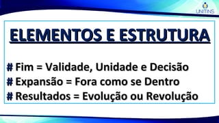 ELEMENTOS E ESTRUTURAELEMENTOS E ESTRUTURA
## Fim = Validade, Unidade e DecisãoFim = Validade, Unidade e Decisão
## Expansão = Fora como se DentroExpansão = Fora como se Dentro
## Resultados = Evolução ou RevoluçãoResultados = Evolução ou Revolução
 