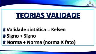 TEORIAS VALIDADETEORIAS VALIDADE
## Validade sintática = KelsenValidade sintática = Kelsen
## Signo + SignoSigno + Signo
## Norma + Norma (norma X fato)Norma + Norma (norma X fato)
 