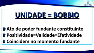 UNIDADE = BOBBIOUNIDADE = BOBBIO
## Ato de poder fundante constituinteAto de poder fundante constituinte
## Positividade=Validade=EfetividadePositividade=Validade=Efetividade
## Coincidem no momento fundanteCoincidem no momento fundante
 