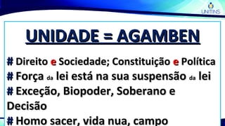 UNIDADE = AGAMBENUNIDADE = AGAMBEN
## DireitoDireito ee Sociedade; ConstituiçãoSociedade; Constituição ee PolíticaPolítica
## ForçaForça dada lei está na sua suspensãolei está na sua suspensão dada leilei
## Exceção, Biopoder, Soberano eExceção, Biopoder, Soberano e
DecisãoDecisão
## Homo sacer, vida nua, campoHomo sacer, vida nua, campo
 