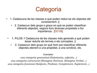 Categoria 
• 
1. Cadascuna de les classes a què poden reduir-se els objectes del coneixement. || 
• 
2. Cadascun dels grup...