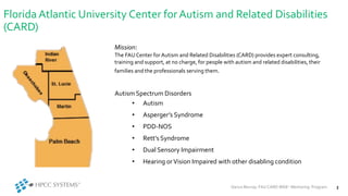 Florida Atlantic University Center forAutism and Related Disabilities
(CARD)
Autism Spectrum Disorders
• Autism
• Asperger...