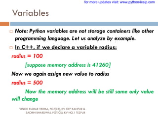 Variables
VINOD KUMAR VERMA, PGT(CS), KV OEF KANPUR &
SACHIN BHARDWAJ, PGT(CS), KV NO.1 TEZPUR
 Note: Python variables are not storage containers like other
programming language. Let us analyze by example.
 In C++, if we declare a variable radius:
radius = 100
[suppose memory address is 41260]
Now we again assign new value to radius
radius = 500
Now the memory address will be still same only value
will change
for more updates visit: www.python4csip.com
 