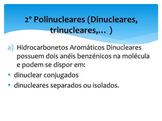 a) Hidrocarbonetos Aromáticos Dinucleares
possuem dois anéis benzénicos na molécula
e podem se dispor em:
 dinuclear conjugados
 dinucleares separados ou isolados.
2º Polinucleares (Dinucleares,
trinucleares,… )
 