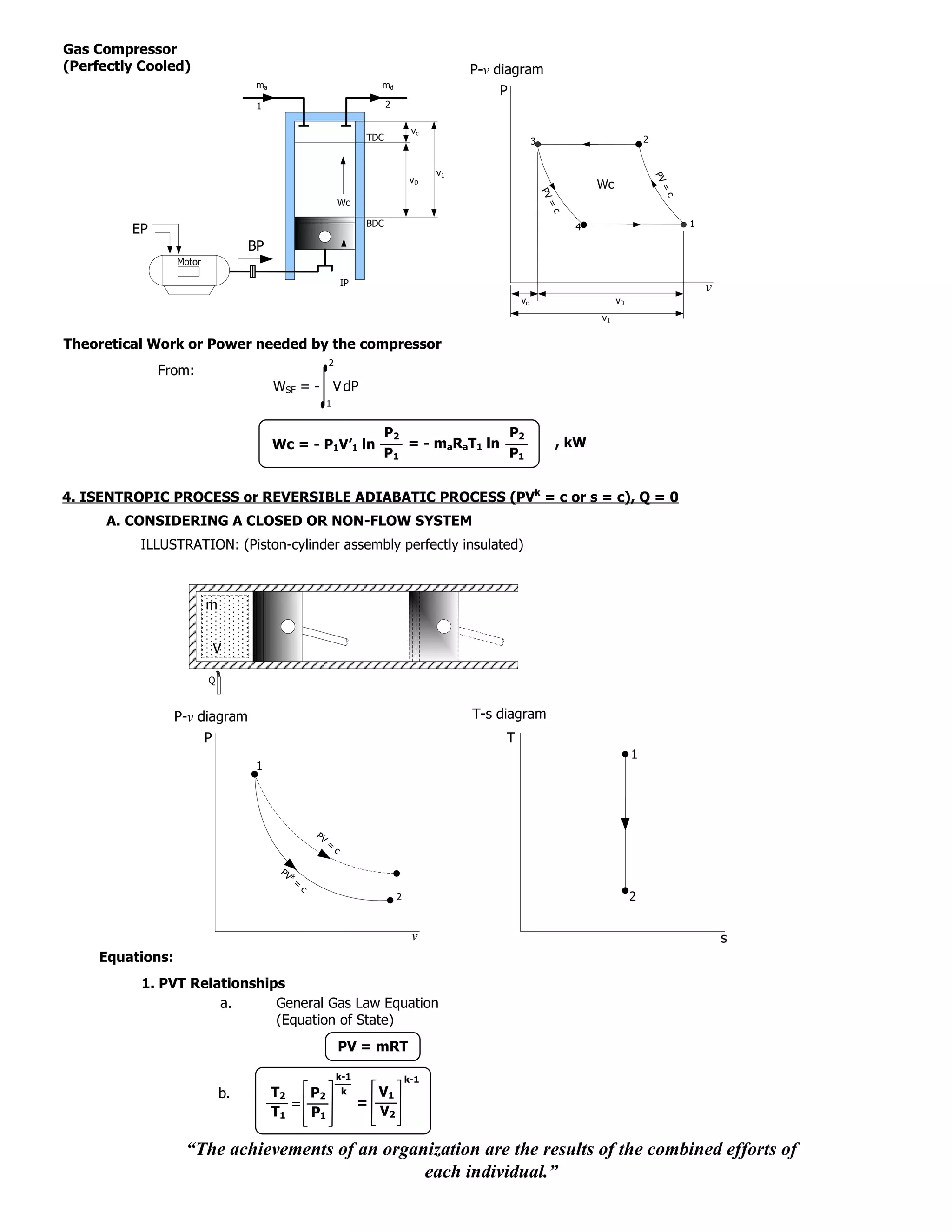 Gas Compressor
(Perfectly Cooled)                                                                                P-v diagram
                                    ma                                     md
                                                                                                      P
                                    1                                          2

                                                                                        vc
                                                                         TDC                                    3                              2


                                                                                             v1




                                                                                                                                                   PV
                                                                                        vD
                                                                                                                                 Wc




                                                                                                                                                    =
                                                                                                                    PV




                                                                                                                                                    c
                                                                   Wc




                                                                                                                     =
                                                                                                                         c
                                                                         BDC                                                                            1
         EP                                                                                                                  4

                                   BP
                  Motor

                                                                   IP
                                                                                                                                                            v
                                                                                                           vc                         vD
                                                                                                                                 v1

Theoretical Work or Power needed by the compressor
                                                           2
              From:
                                         WSF = - V dP
                                                           1


                                                                               P2               P2
                                         Wc = - P1V’1 ln                          = - maRaT1 ln                          , kW
                                                                               P1               P1


4. ISENTROPIC PROCESS or REVERSIBLE ADIABATIC PROCESS (PVk = c or s = c), Q = 0
      A. CONSIDERING A CLOSED OR NON-FLOW SYSTEM
          ILLUSTRATION: (Piston-cylinder assembly perfectly insulated)



                          m


                              V

                          Q



                  P-v diagram                                                                     T-s diagram
                          P                                                                            T
                                                                                                                                           1
                                    1




                                                      PV
                                                           =
                                                               c

                                          PV k
                                              =
                                                  c
                                                                                   2                                                       2


                                                                                        v                                                                       s
     Equations:
           1. PVT Relationships
                      a.      General Gas Law Equation
                              (Equation of State)
                                                                   PV = mRT

                                                               k-1                     k-1
                              b.         T2   P2                   k      V1
                                            =                           =
                                         T1   P1                          V2

                   “The achievements of an organization are the results of the combined efforts of
                                                each individual.”
 