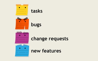 tasks
bugs
change requests
new features
 