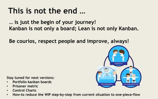 Stay tuned for next versions:
• Portfolio kanban boards
• Prisoner metric
• Control Charts
• How-to reduce the WIP step-by-step from current situation to one-piece-flow
This is not the end …
… is just the begin of your journey!
Kanban is not only a board; Lean is not only Kanban.
Be courios, respect people and improve, always!
 