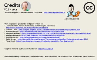 Credits
V0.5 – beta
by Giulio Roggero – Creative Common 3.0 License – http://www.agilereloaded.it
Work inspired by great slides and posts written by:
• Joakim Sundén, Marcus Hammarberg and Christophe Achouiantz -
http://www.slideshare.net/marcusoftnet/kanbanboards
• Antonio Lucca - http://tonyxzt.blogspot.it/2011/09/measurment-is-quantitatively-expressed.html
• Claudio Perrone - http://www.slideshare.net/cperrone/a3-kaizen-heres-how
• Benjamin Mitchell - http://blog.benjaminm.net/2012/06/26/how-to-study-the-flow-or-work-with-kanban-cards/
• Gaetano Mazzanti - http://www.slideshare.net/mgaewsj/agile-in-the-bathtub
• David Anderson - http://agilemanagement.net/index.php/kanbanbook/
• Fabio Armani - http://www.slideshare.net/tangram77/scrumban-a-methodology-fusion-bettersoftware-2011
• Yuval Yeret - http://www.slideshare.net/yyeret/explaining-cumulative-flow-diagrams-cfd
Graphics elements by Emanuele Mantovani – http://www.intre.it
Great feedbacks by Fabio Armani, Gaetano Mazzanti, Marco Bresciani, Dario Giannoccaro, Stefano Leli, Fabio Ghislandi
 