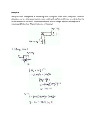 Example 4:

The figure shows a 12-kg block, A, which hangs from a string that passes over a pulley and is connected
at its other end to a 30 kg block, B, which rest in a table with coefficient of friction of µ = 0.30. Find the
accelerations of the two blocks under the assumption that the string is massless and the pulley is
massless and frictionless. What is the tension in the string?
 