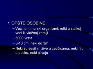 • OPŠTE OSOBINE
– Većinom morski organizmi; retki u slatkoj
vodi ili vlažnoj zemlji
– 5000 vrsta
– 5-10 cm; neki do 3m
– Neki su sesilni i žive u cevčicama, neki riju
u pesku, neki plivaju
 
