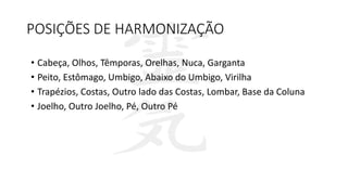 POSIÇÕES DE HARMONIZAÇÃO
• Cabeça, Olhos, Têmporas, Orelhas, Nuca, Garganta
• Peito, Estômago, Umbigo, Abaixo do Umbigo, Virilha
• Trapézios, Costas, Outro lado das Costas, Lombar, Base da Coluna
• Joelho, Outro Joelho, Pé, Outro Pé
 