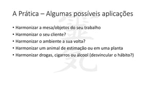 A Prática – Algumas possíveis aplicações
• Harmonizar a mesa/objetos do seu trabalho
• Harmonizar o seu cliente?
• Harmonizar o ambiente a sua volta?
• Harmonizar um animal de estimação ou em uma planta
• Harmonizar drogas, cigarros ou álcool (desvincular o hábito?)
 