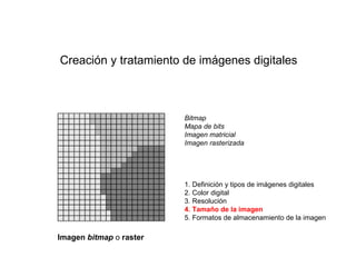 Creación y tratamiento de imágenes digitales



                         Bitmap
                         Mapa de bits
                         Imagen matricial
                         Imagen rasterizada




                         1. Definición y tipos de imágenes digitales
                         2. Color digital
                         3. Resolución
                         4. Tamaño de la imagen
                         5. Formatos de almacenamiento de la imagen

Imagen bitmap o raster
 