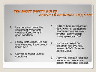 TEN BASIC SAFETY RULES
АЮУЛГҮ Й АЖИЛЛАХ 10 ДҮ РЭМ

1.

Use personal protective
equipment. Wear safe
clothing. Keep items in
good condition.

1.

ХХХ-ээ байнга хэрэглэж
бай. ХАА-ны шаардлага
хангасан хувцсыг зохих
журмын дагуу цэвэр
цэмцгэр өмсөж бай.

2.

Follow instructions. Do not
take chances; if you do not
know, ASK.

2.

Хэрэв мэдэхгүй бол
ажиллах гэж бүү яар,
заавал АСУУ. Зааврыг
дагаж мөрд.

3.

Correct or report unsafe
conditions.

3.

Аюултай нөхцөл илэрвэл
засах арга хэмжээ ав
эсвэл мастертаа мэдээл.

 