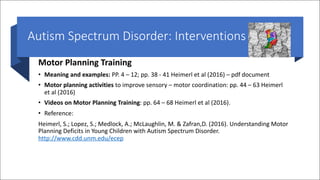 Autism Spectrum Disorder: Interventions
Motor Planning Training
• Meaning and examples: PP. 4 – 12; pp. 38 - 41 Heimerl et al (2016) – pdf document
• Motor planning activities to improve sensory – motor coordination: pp. 44 – 63 Heimerl
et al (2016)
• Videos on Motor Planning Training: pp. 64 – 68 Heimerl et al (2016).
• Reference:
Heimerl, S.; Lopez, S.; Medlock, A.; McLaughlin, M. & Zafran,D. (2016). Understanding Motor
Planning Deficits in Young Children with Autism Spectrum Disorder.
http://www.cdd.unm.edu/ecep
 