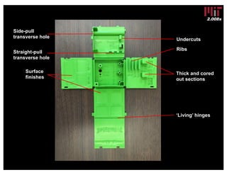 2.008x
Ribs
Undercuts
‘Living’ hinges
Straight-pull
transverse hole
Side-pull
transverse hole
Surface
finishes
Thick and cored
out sections
 