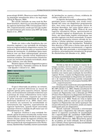 Abordagem Racional dos Corrimentos Vaginais



possa atingir 32-64%. Observa-se maior freqüência                   de lactobacilos no exame a fresco; evidência de
na população sexualmente ativa e na raça negra                      citólise e pH entre 3,5 e 4,5
(Ching & Nguyen, 2004).                                                    A vaginite descamativa inﬂamatória (VDI),
      Em estudo realizado na zona rural do Nor-                     patologia pouco conhecida, vem sendo consi-
deste brasileiro, observou-se uma alta prevalência                  derada não como um diagnóstico propriamente
de vaginose bacteriana (VB) e tricomoníase (15% e                   dito, mas como uma apresentação clínica de
10%, respectivamente), sendo que 51% das mulhe-                     diversas desordens, tais como líquen plano e o
res apresentaram pelo menos uma DST (de Lima                        pênﬁgo vulgar (Murphy, 2004). Trata-se de uma
Soares et al., 2003).                                               vaginite exsudativa difusa, apresentando-se
                                                                    com irritação vaginal ou dispareunia. Ao exame
                                                                    físico, são observadas regiões eritematosas nas
                                                                    paredes vaginais com ﬂuxo aumentado. O exame
                      Como Diagnosticar?                            da secreção demonstra número elevado de leu-
                                                                    cócitos e células epiteliais escamosas imaturas,
       Tendo em vista a alta freqüência dos cor-                    além de diminuição dos lactobacilos. Trabalhos
rimentos vaginais e sua variedade de etiologias,                    têm descrito a VDI como a forma mais grave de
torna-se imprescindível o diagnóstico correto. Ini-                 uma entidade descrita recentemente, a vaginite
cialmente, deve-se atentar para as características                  aeróbica. Ela está associada a microorganismos
clínicas do corrimento. A candidíase típica mani-                   aeróbicos, principalmente estreptococo do grupo
festa-se com um ﬂuxo esbranquiçado, grumoso,                        B e Escherichia coli (Donder et al., 2002).
associada a ardor e prurido vulvar, dispareunia e
sintomas urinários. Já a tricomoníase caracteriza-
se por um corrimento amarelo-esverdeado, abun-
dante, bolhoso, com odor fétido.
                                                                        Avaliação Comparativa dos Métodos Diagnósticos
       Existem alguns critérios diagnósticos para a
vaginose bacterina, chamados critérios de Amsel                           Devido ao fato de se realizar o exame de ci-
- vide Quadro 1 (Amsel et al., 1983).                               tologia oncótica cérvico-vaginal, com a coloração
                                                                    de Papanicolau, rotineiramente para a prevenção
Quadro 1 - Vaginose Bacteriana.                                     do câncer de colo uterino, muitas vezes utiliza-se
Critérios de Amsel                                                  também esse exame para avaliação da microﬂora
                                                                    vaginal. Porém, o exame de Papanicolau apresen-
 • Fluxo homogêneo, branco-acinzentado
                                                                    tou baixa sensibilidade no diagnóstico de candidí-
 • pH vaginal maior que 4,5
                                                                    ase e de vaginose bacteriana quando comparado
 • Teste das aminas positivo                                        aos critérios de Amsel e cultura para Candida (66%
 • Presença de células guia (clue cells)                            e 21%, respectivamente).
                                                                          O mesmo teste mostrou ter uma especiﬁcidade
       O que é observado na prática, no entanto,                    mais elevada para candidíase e VB, respectivamente
é que não é possível diferenciar as causas de                       86 e 99% (Avilés et al., 2001). Padrão semelhante foi
vaginite apenas pelos aspectos clínicos. Apesar                     observado em outro estudo, quando comparou-se
disso, um levantamento realizado evidenciou que                     o exame de Papanicolau com a detecção por PCR
a presença de sinais inﬂamatórios torna maior                       (Protein Chain Reaction) no diagnóstico de tricomo-
a suspeita de candidíase, enquanto que o odor                       níase: baixa sensibilidade (60%) e boa especiﬁcidade
de peixe aumenta a probabilidade de vaginose                        (97%) (Lobo et al., 2003). Tendo em vista os dados
bacteriana (Anderson et al., 2004). Outro estu-                     acima citados, pode-se concluir que um resultado
do mostrou um aumento na sensibilidade no                           negativo no Papanicolau não exclui quaisquer das
rastreamento das vaginites, especialmente da                        causas infecciosas de corrimentos, sendo um exame
vaginose bacteriana, quando foram associados                        inadequado para seu diagnóstico.
sintomas clínicos e medida do pH maior que 4,5                            Estudo realizado utilizando a microscopia
(Thinkhamrop et al., 1999).                                         a fresco para o diagnóstico das infecções vaginais
       A vaginose citolítica é uma entidade fre-                    obteve os seguintes resultados de sensibilidade
qüente, apesar de pouco reconhecida, muitas vezes                   (S) e especiﬁcidade (E): candidíase (S39%;E90%),
confundida com candidíase devido às suas caracte-                   tricomoníase (S75%;E96%) e vaginose bacteriana
rísticas clínicas, apesar da vaginose citolítica não                (S76%;E70%) (Ferris et al., 1995). Dessa forma, apesar
apresentar hiperemia vulvar. Seu diagnóstico é                      de, na prática, ser muito utilizado, deve-se atentar
feito na ausência de microorganismos como Tricho-                   que o método a fresco apresenta baixa sensibilidade
monas, Gardnerella e Candida; número aumentado                      para as vaginites infecciosas.


528                                                                                               Femina - Agosto 2006 vol. 34 nº 8
 