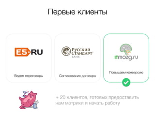 Первые клиенты 
Ведем переговоры Согласование договора 
Повышаем конверсию 
+ 5 клиентов, готовых предоставить 
нам метрики и начать работу 
 