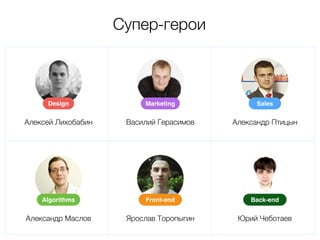 Design 
Алексей Лихобабин 
Marketing 
Василий Герасимов 
Sales 
Александр Птицын 
Супер-герои 
Algorithms Front-end 
Александр Маслов 
Ярослав Торопыгин 
Back-end 
Юрий Чеботаев 
 
