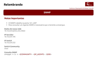 Gerência e Desempenho de Redes | Aula 09
Relembrando
SNMP
Notas importantes
●
O SNMP trabalha na porta 161, UDP
●
Para consultar um Agente SNMP, é necessário que o Gerente a enxergue.
Dados de nossa rede
10.10.224.0/255.255.248.0
IP Servidor
10.10.224.195
IP Switch
10.10.224.222
Switch Community
cisco
Consulta SNMP
snmpget -v 2c -c <$COMMUNITY> <$IP_AGENTE> <$OID>
 