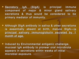  Secretory IgA (SIgA)Secretory IgA (SIgA) is principal immuneis principal immune
component of major & minor gland salivarycomponent of major & minor gland salivary
secretions & thus would be considered to besecretions & thus would be considered to be
primary mediator of immunity.primary mediator of immunity.
 Although SIgA antibody in saliva & other secretionsAlthough SIgA antibody in saliva & other secretions
is essentially absent at birth, mature SIgA—is essentially absent at birth, mature SIgA— isis
principal salivary immunoglobulin secreted by 1principal salivary immunoglobulin secreted by 1
month of age.month of age.
 Induced by Environmental antigenic challenge,Induced by Environmental antigenic challenge,
mucosal IgA antibody to pioneer oral microbiotamucosal IgA antibody to pioneer oral microbiota
appears in secretions within weeks of initialappears in secretions within weeks of initial
microbial exposure.microbial exposure.
 