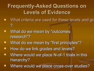 Frequently-Asked Questions onFrequently-Asked Questions on
Levels of EvidenceLevels of Evidence
 What criteria are used for these levels and graWhat criteria are used for these levels and gra
??
 What do we mean by "outcomesWhat do we mean by "outcomes
research"?research"?
 What do we mean by "first principles"?What do we mean by "first principles"?
 How do we link grades and levels?How do we link grades and levels?
 Where would we place N-of-1 trials in thisWhere would we place N-of-1 trials in this
hierarchy?hierarchy?
 Where would we place cross-over studies?Where would we place cross-over studies?
 